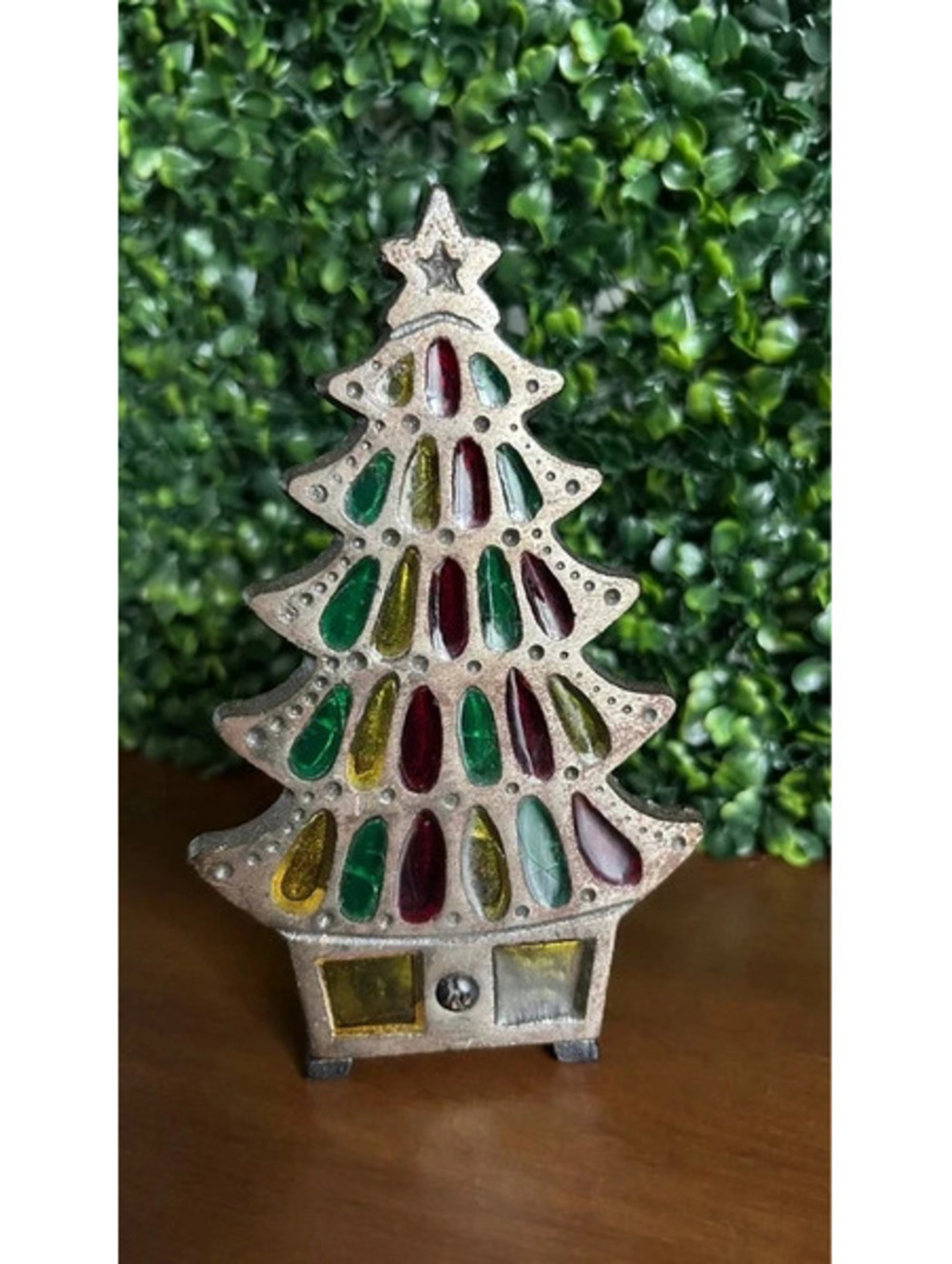 Vintage Stained Glass Christmas Tree Tealight Candle Holder Cast Metal